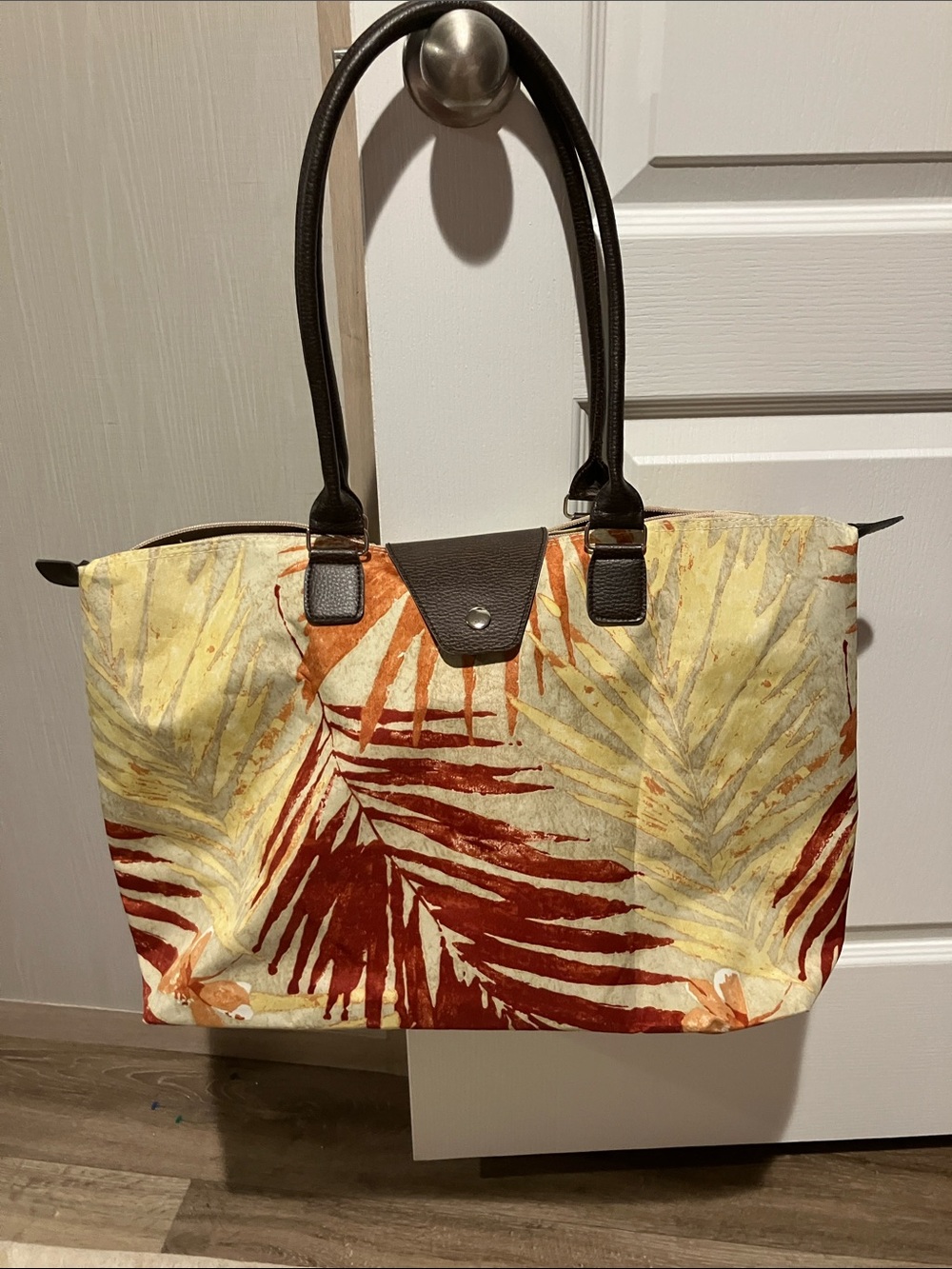 Tropical Leaf Canvas Tote Bag - Rust & Cream